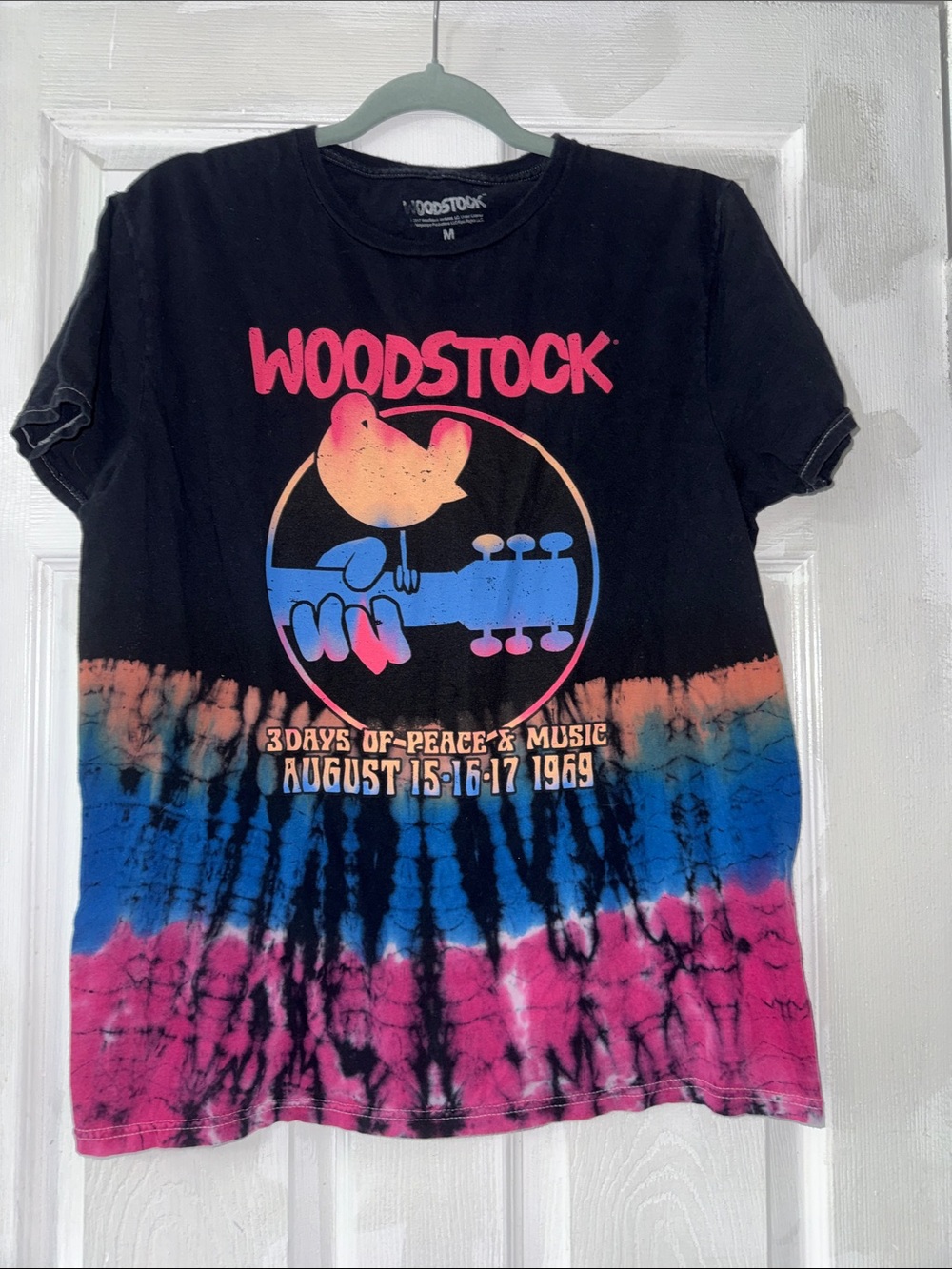 Woodstock Tie-Dye Short Sleeve Tee - Black with Pink & Blue Graphic